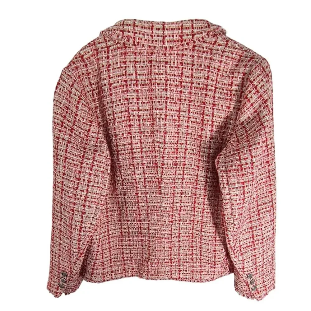 Talbots Plus 14W Red Tweed Metallic Blazer Old Money Preppy Fringe Jacket - Picture 5 of 15